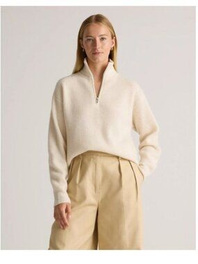 Quince $165 Mongolian Cashmere Fisherman Zip Pullover Sweater Ivory Small XS